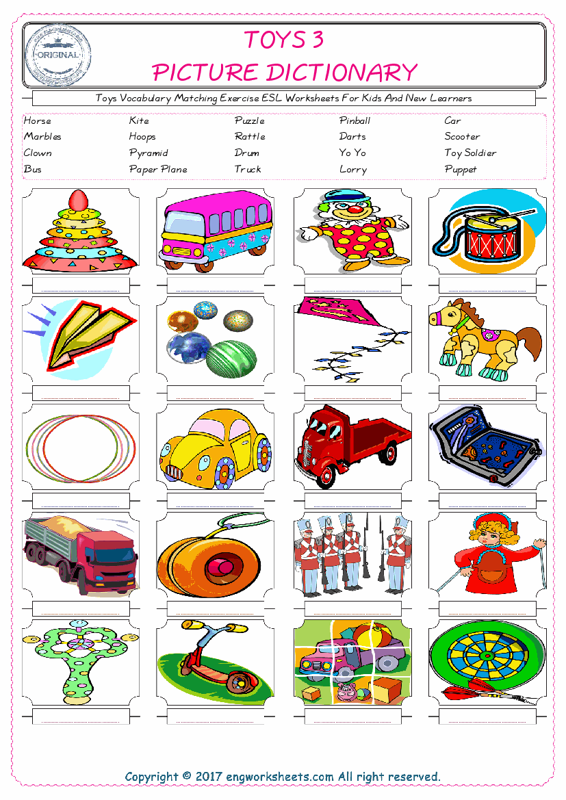  Toys for Kids ESL Word Matching English Exercise Worksheet. 